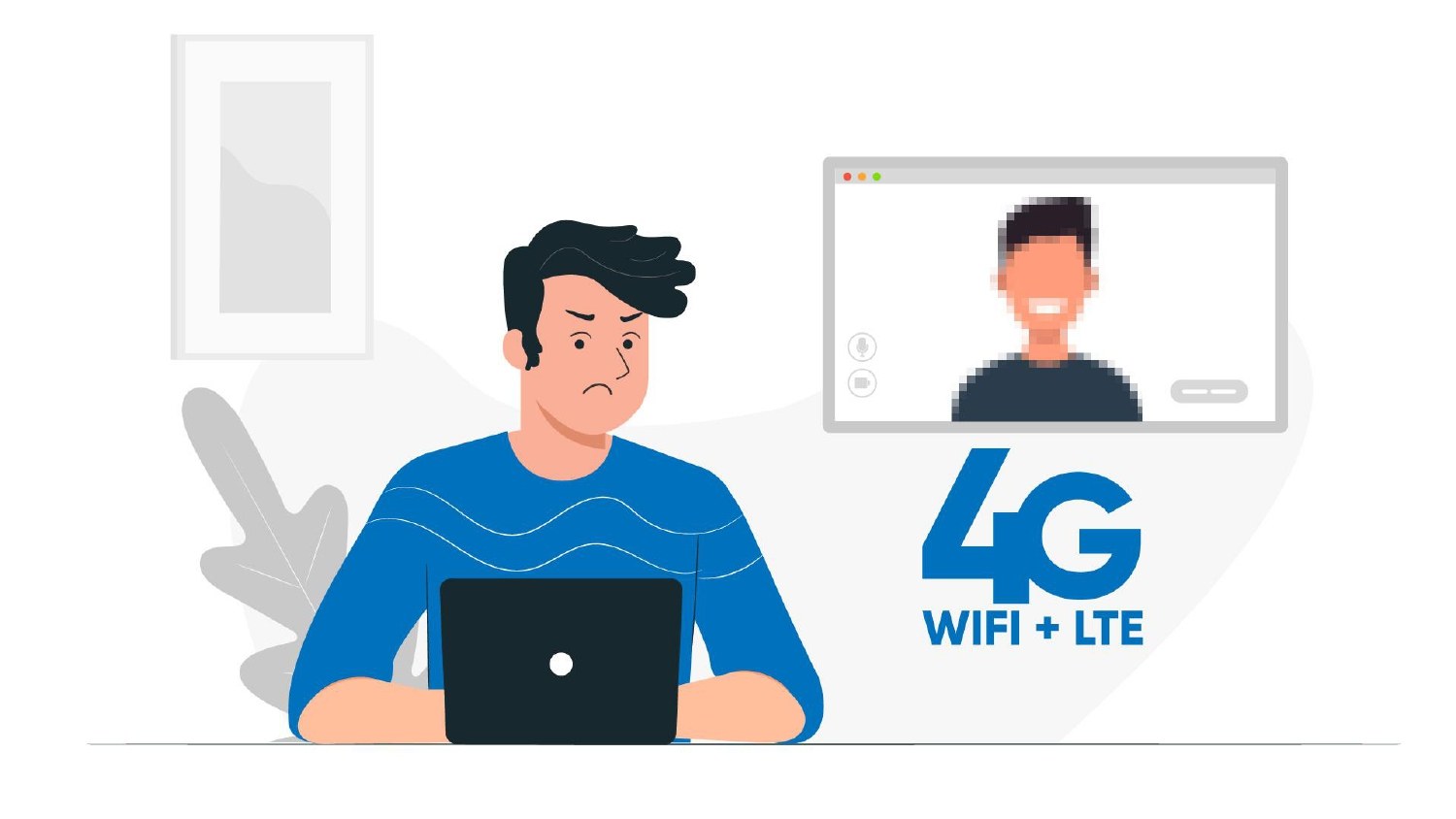 Illustrated storyboard frame: a man frowning at a laptop on a video call, with a 4G WIFI + LTE label beside him
