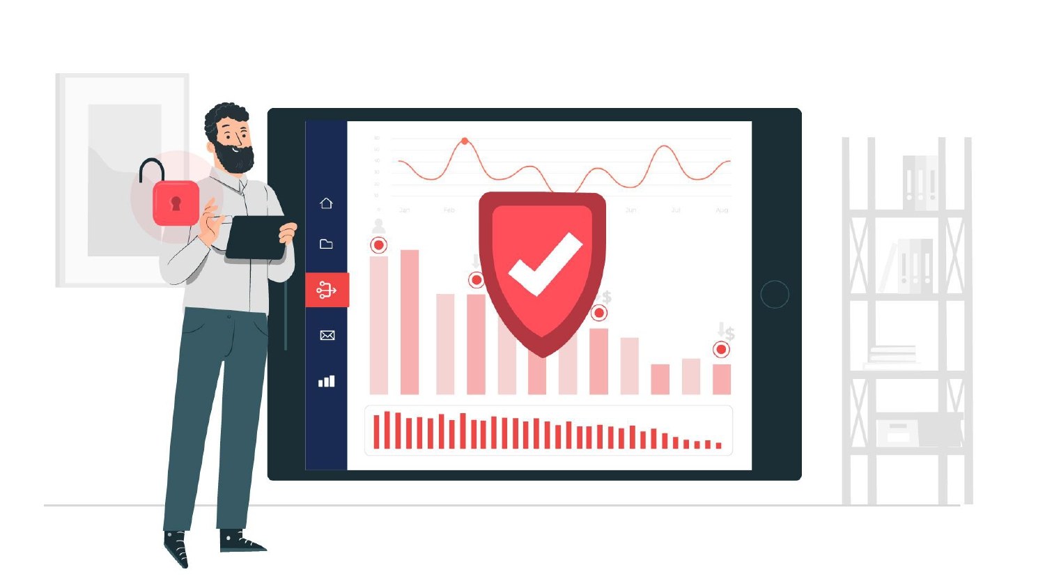 Illustrated storyboard frame: the same presenter and tablet, now showing a red shield with a tick over a bar chart